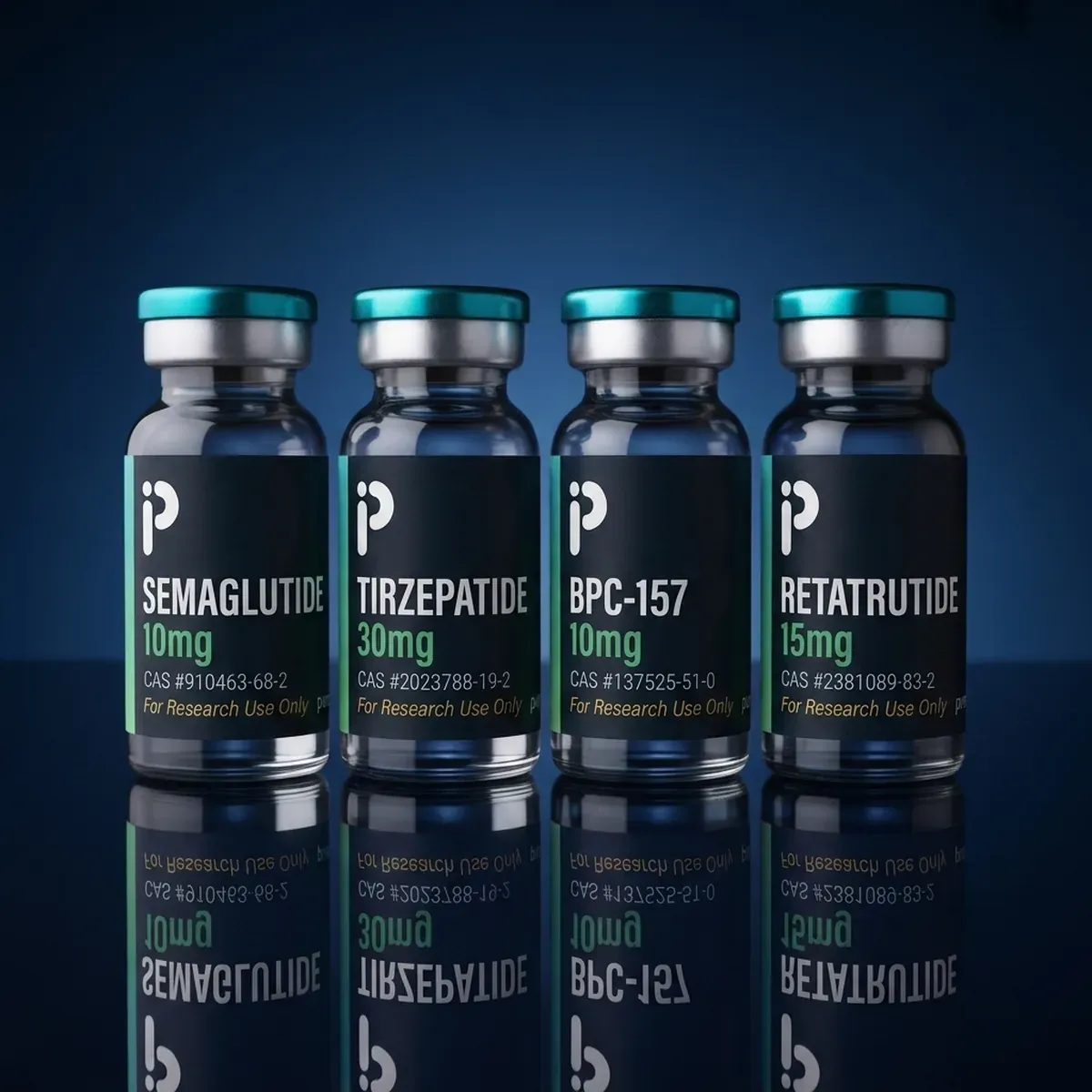 Four Purely Peptides research vials: Semaglutide, Tirzepatide, BPC-157, and Retatrutide